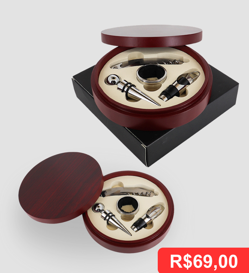 Conjunto para Vinho – Caixa de Madeira - Brinde personalizado da MV Personalizados